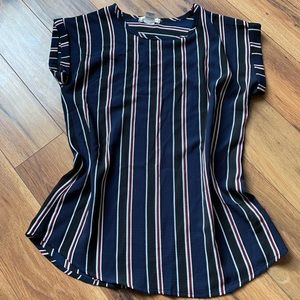Blue, black, white and red striped blouse